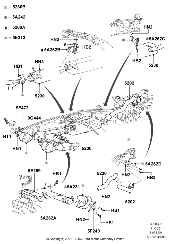 05B - Exhaust System, 4WD, 5.4L Modular SOHC V8; 18/MAR/2002-02/AUG/2004