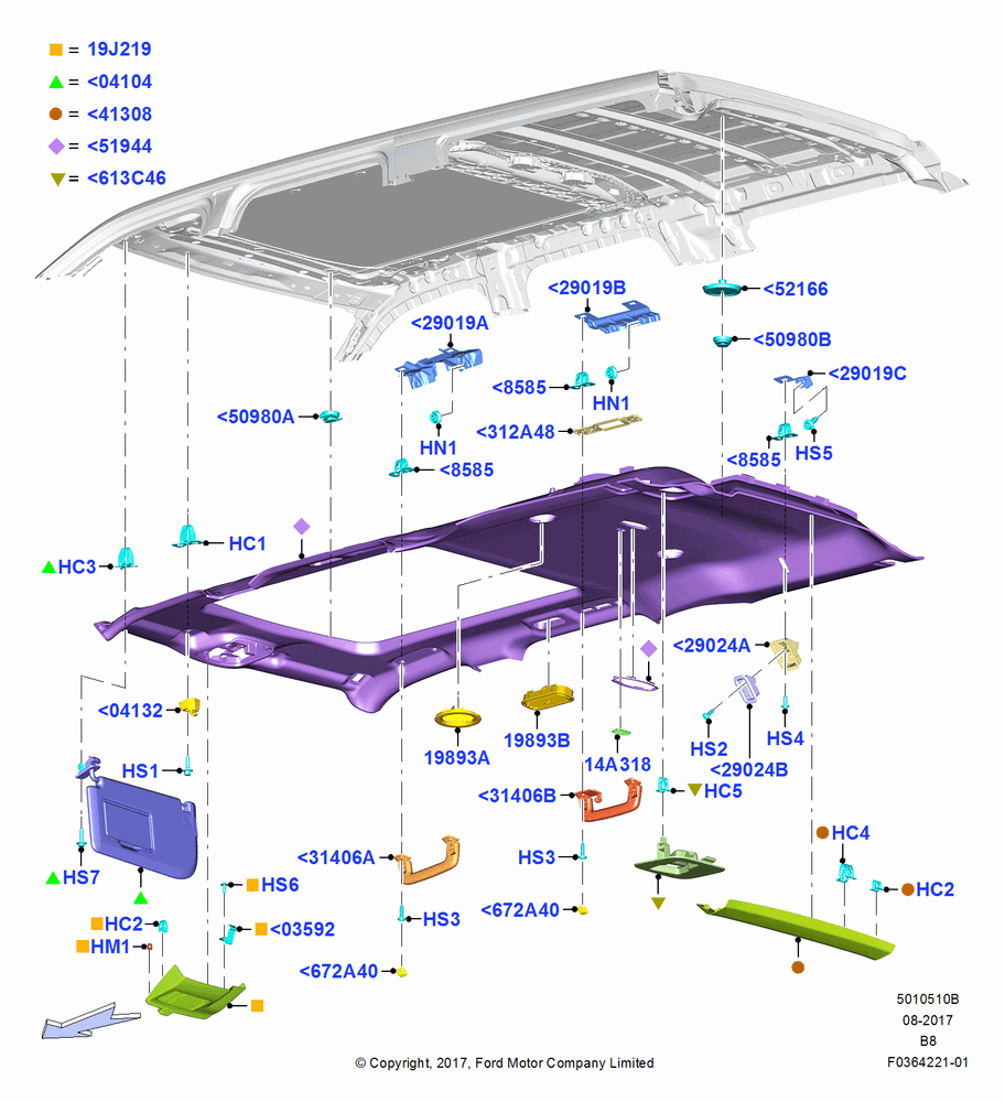 10B - Headlining and Sun Visors, VISTA FRT PWR TILT/SLD/FIXD RR; 25/SEP/2017
