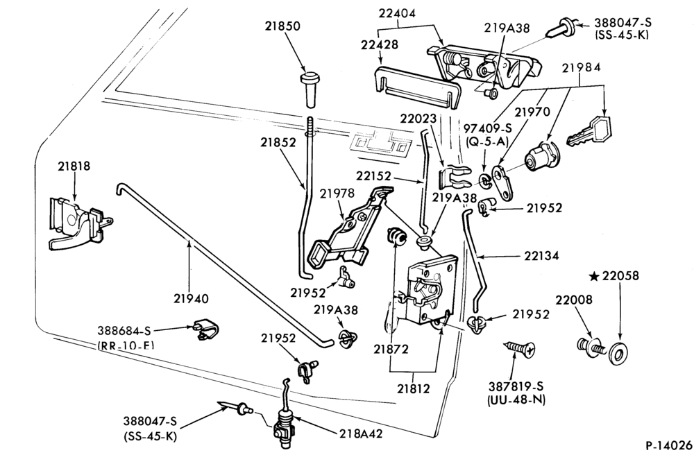 230.1 - BODY SIDES AND QUARTER-Handles and latch parts (front door) - body types 54 and 74