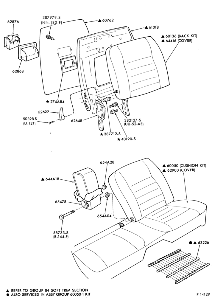 600 - SEATS AND SEAT BELTS-Front seat parts - bucket  - full width - lower half - upper half - body types 36 and 66- w/center arm rest