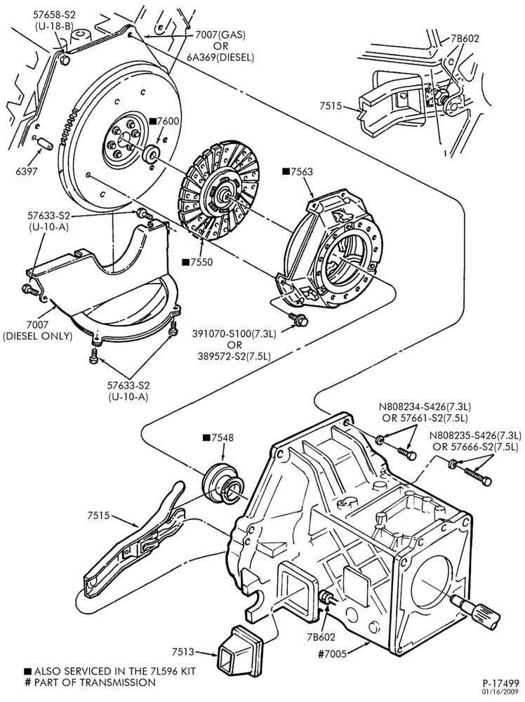 75.1 - EXTERNAL PARTS-Clutch disc, pressure plate & housing - 8 cyl. 7.3L diesel-F250/350, F(Super Duty)