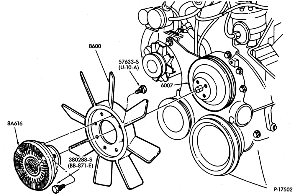 COOLING FAN, CLUTCH AND RELATED PARTS-351M (5.8L), 351W (5.8L) and 400 (6.6L)- 8 cyl. 420 (6.9L) and 446 (7.3L) diesel-F250/350,F(Super Duty)