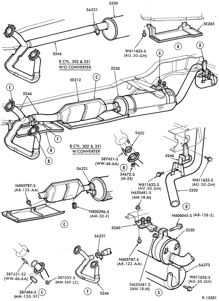 EXHAUST SYSTEM-EXHAUST SYSTEM- 8 cyl. 351M (5.8L) and 351W (5.8L)-U150