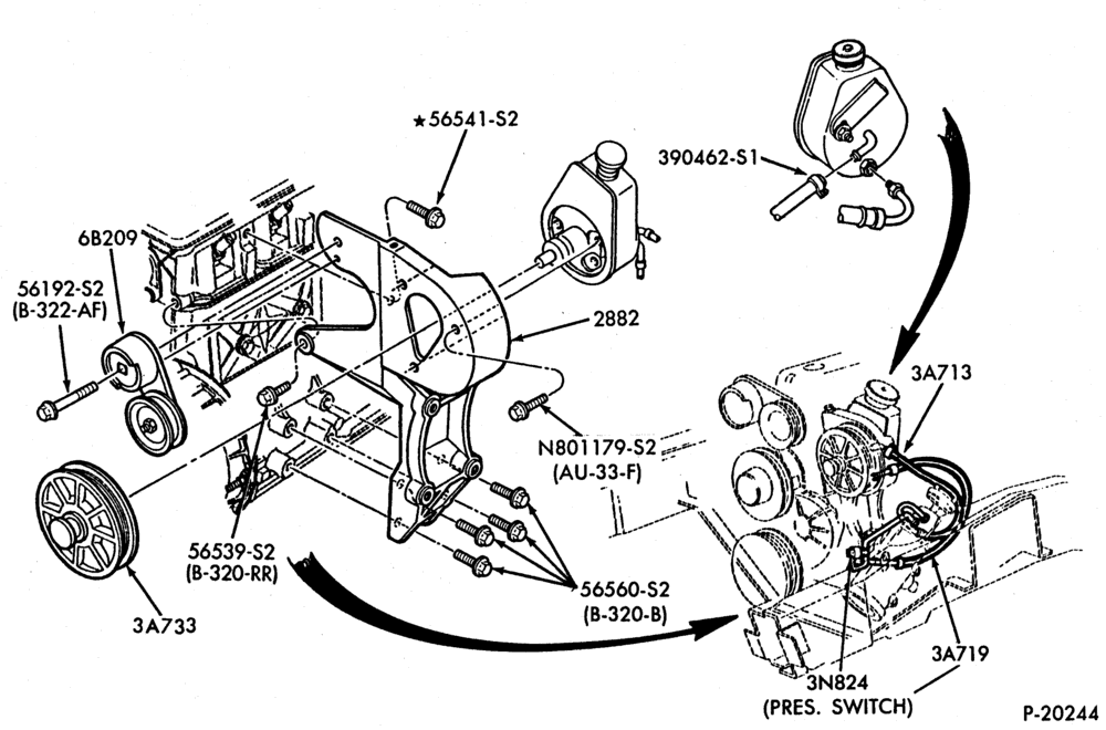 STEERING-Power steering system - Pump installation - 6 cyl. 4.9L-E150/350