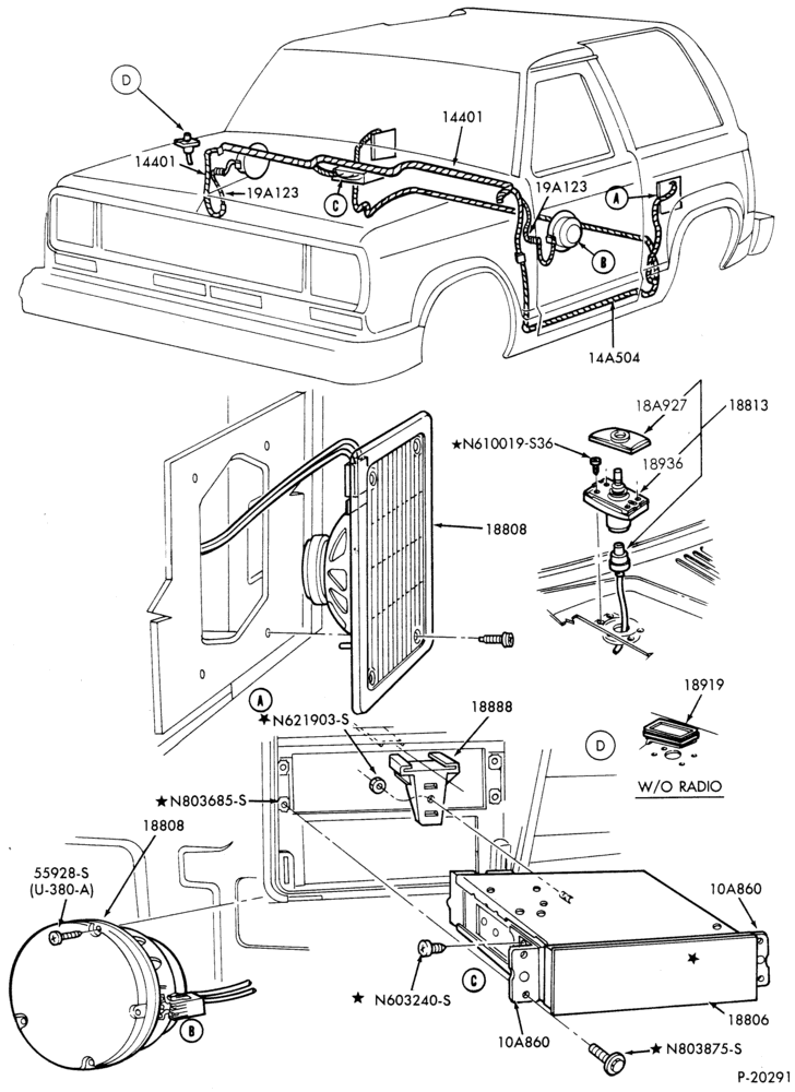 188 - RADIOS-Radio, speakers & wiring - front & rear-U150