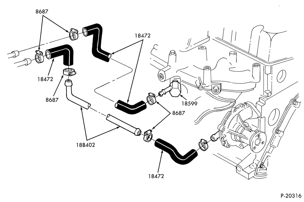184 - HEATERS-Heater hose installation- 4 cyl. 153 (2.5L)