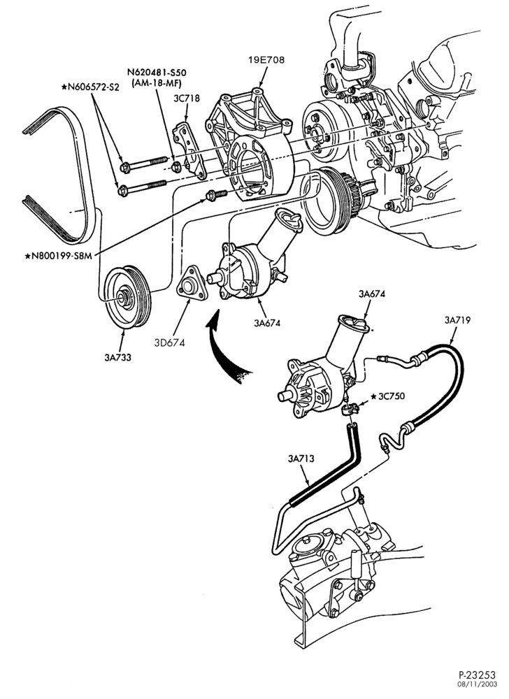 36.2 - STEERING-Power steering system - Pump installation - 6 cyl. 4.0L-R