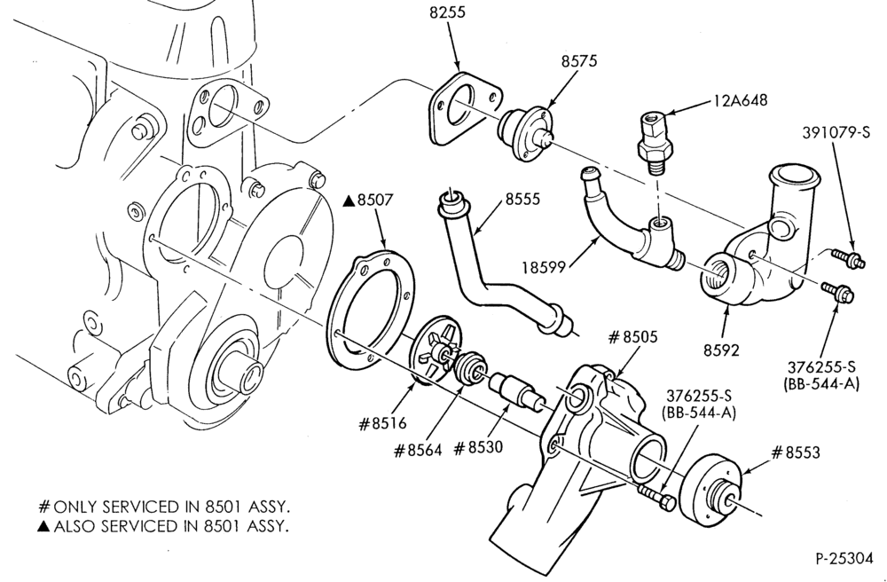 RADIATOR, GRILL AND COOLING-Water pump, thermostat housing & related parts - 6 cyl. 4.9L-E150/350