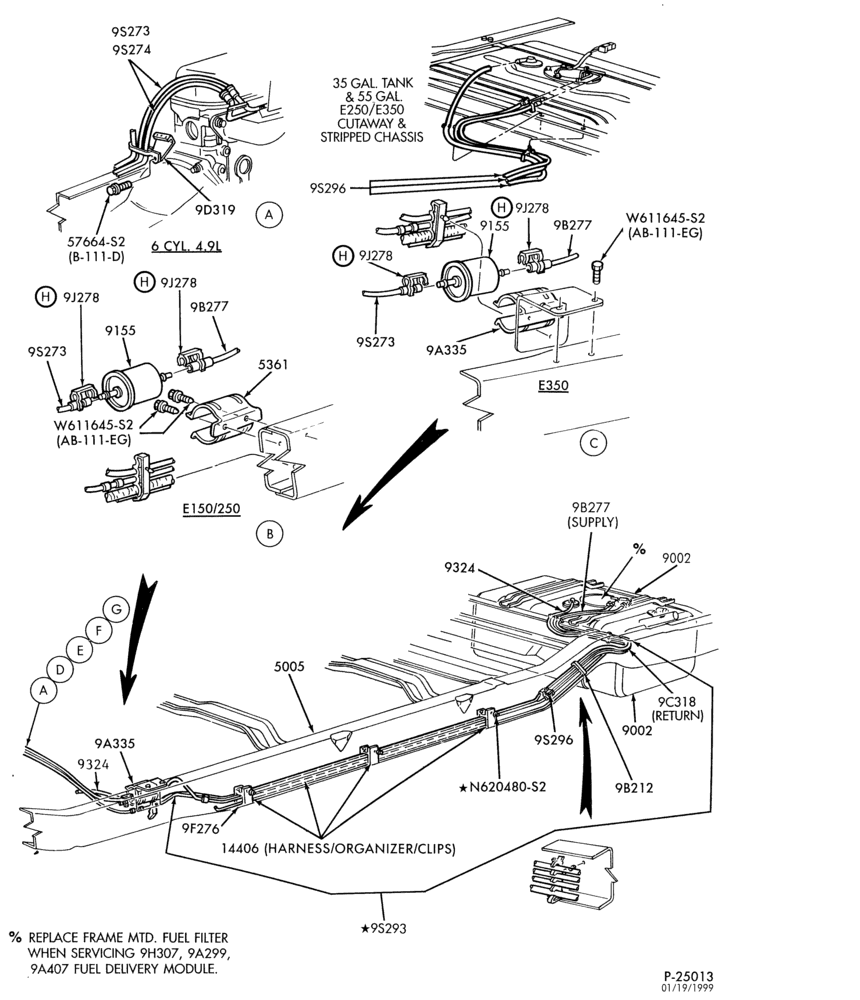 90 - 8 CYL. 5.8L - GAS-Fuel lines & related parts - E150/350 - aft axle - Page A