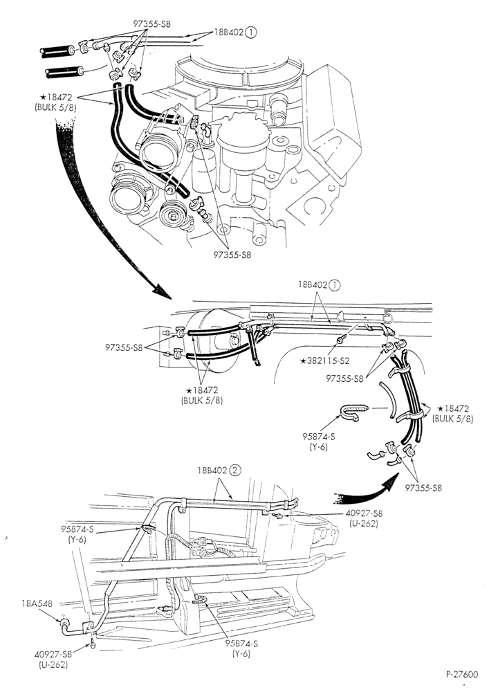 HEATER HOSES & TUBES-8 cyl. - 5.8L - w/o A/C - w/aux. heat - exc. California-E