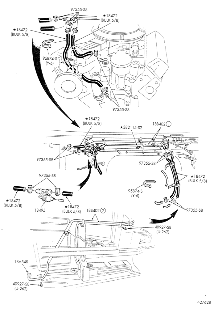 HEATER HOSES & TUBES-8 cyl. - 5.8L - w/A/C - w/aux. heat - exc. California-E - Page A