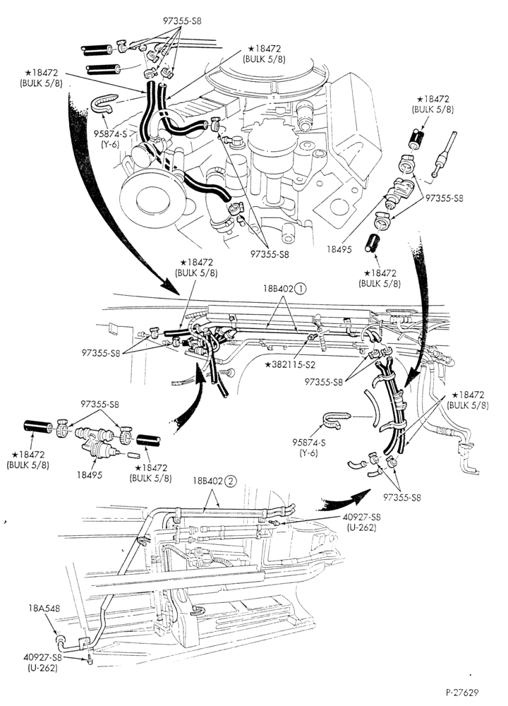 HEATER HOSES & TUBES-8 cyl. - 5.8L - w/A/C - w/aux. heat - exc. California-E - Page B