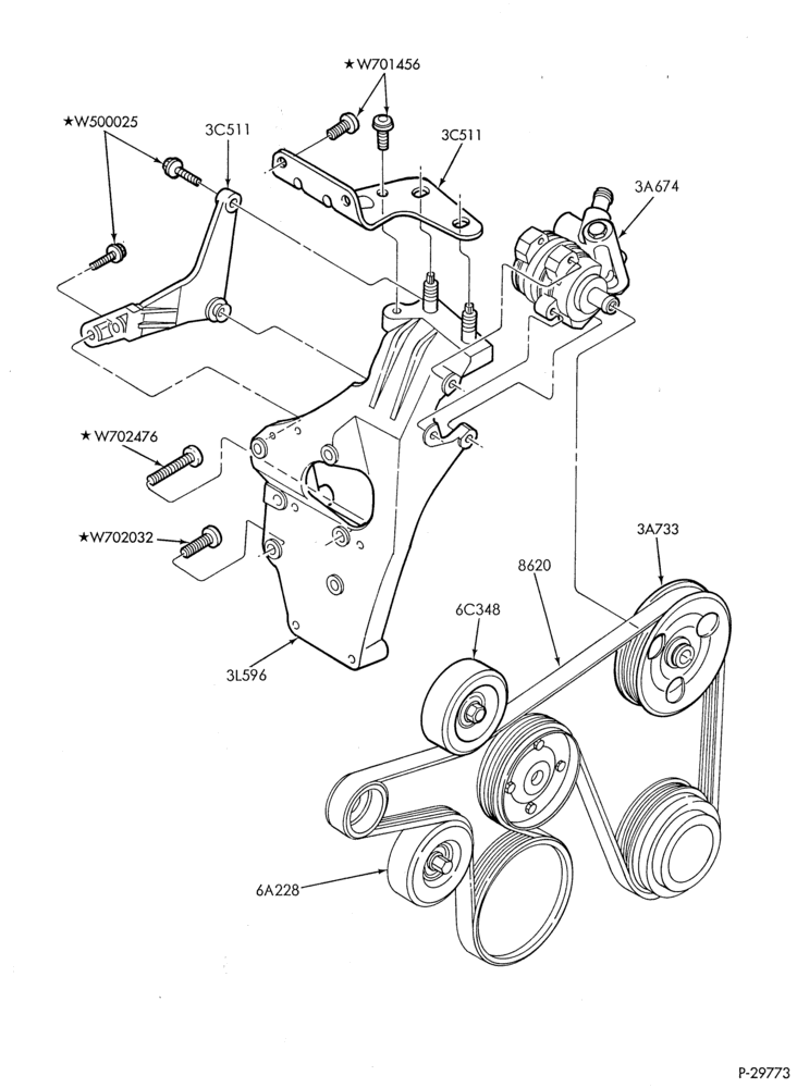 36.1 - STEERING WHEEL AND COLUMN-Power steering system - Pump installation - 4 cyl. 2.0L