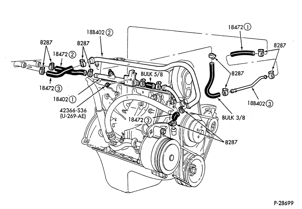 HEATER HOSES & TUBES-4 cyl. - 2.3L - w/A/C - w/o Turbo-F,J