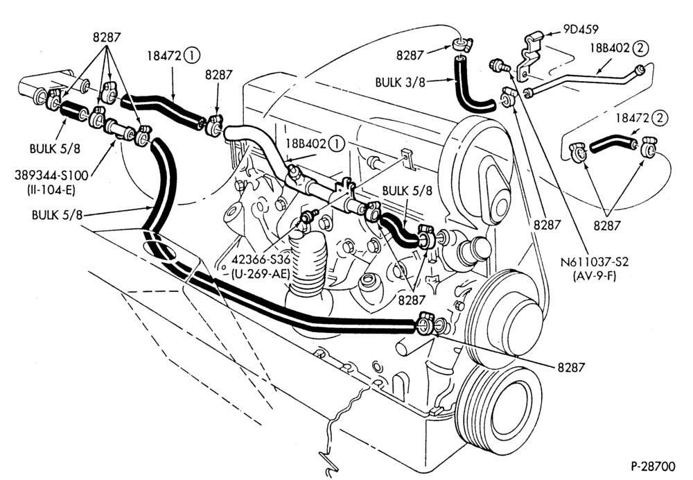 HEATER HOSES & TUBES-4 cyl. - 2.3L - w/o A/C - w/o Turbo-F,J