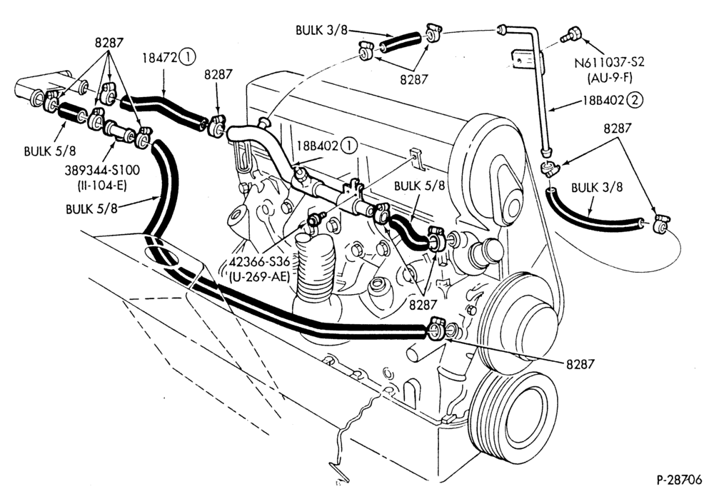 HEATER HOSES & TUBES-4 cyl. - 2.3L - w/o A/C - w/o Turbo-F,J