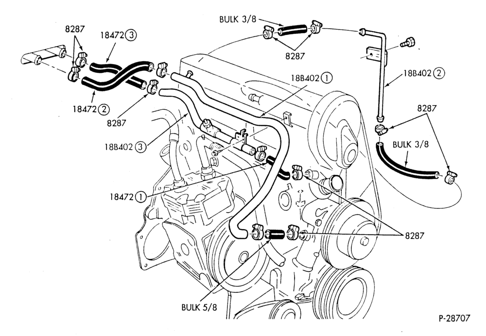 HEATER HOSES & TUBES-4 cyl. - 2.3L - w/A/C - w/o Turbo-F,J