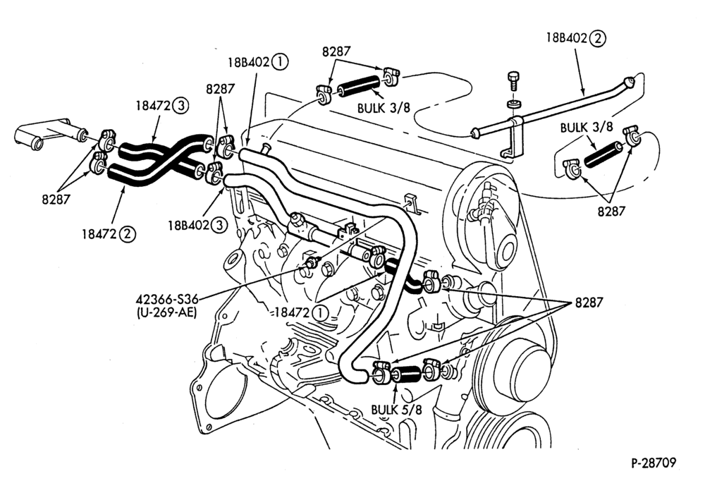 HEATER HOSES & TUBES-4 cyl. - 2.3L - w/o A/C - w/Turbo-F,J