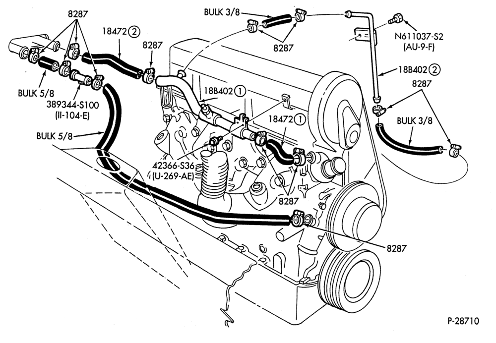 HEATER HOSES & TUBES-4 cyl. - 2.3L - w/o A/C - w/o Turbo-F,J