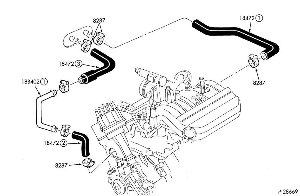 184 - HEATERS-Heater hose installation - 6 cyl. 3.8L - w/o ATC
