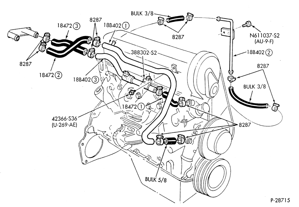 HEATER HOSES & TUBES-4 cyl. - 2.3L - w/o A/C - w/o Turbo-F,J