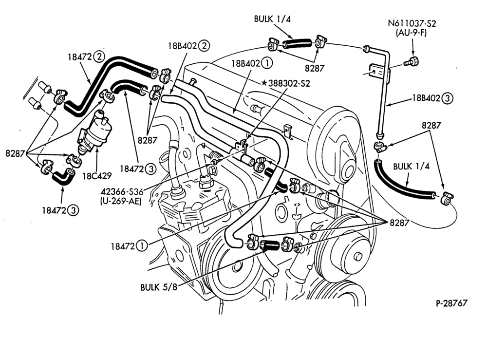 HEATER HOSES & TUBES-4 cyl. - 2.3L - w/A/C-L,ML