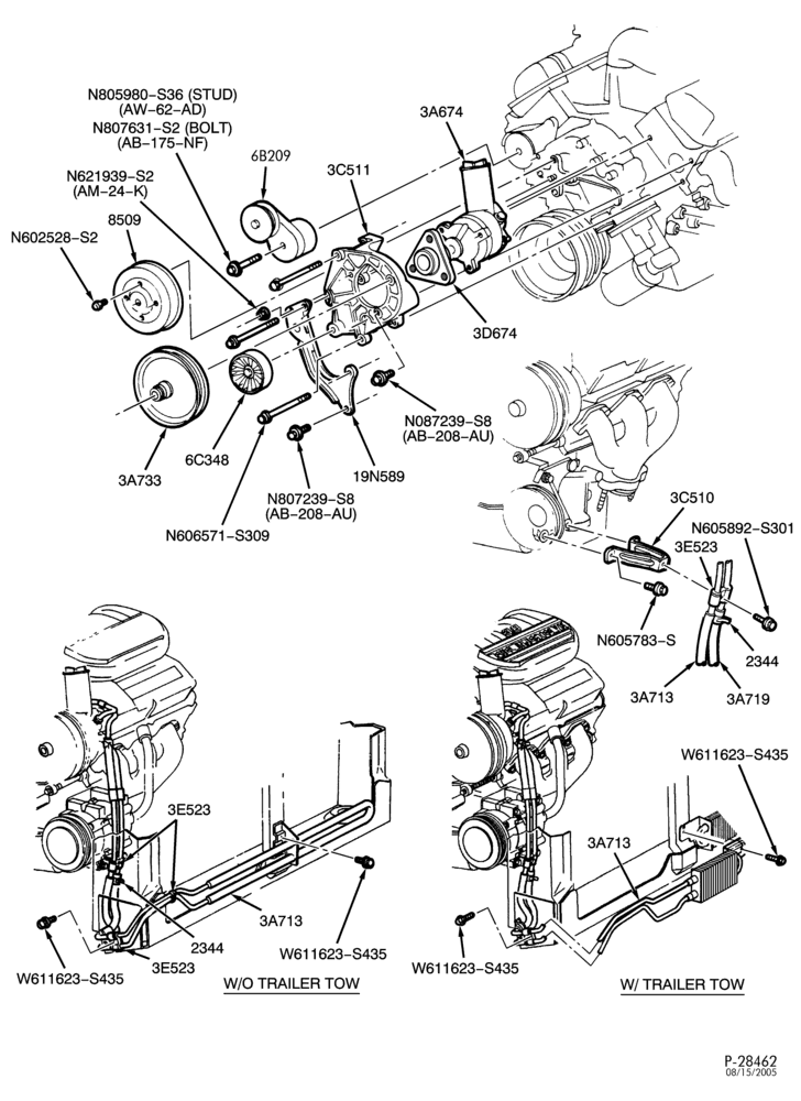 36.2 - STEERING-Power steering system - Pump installation - 6 cyl. 3.8L - Page B-TW