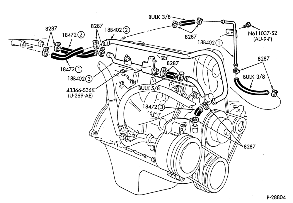 HEATER HOSES & TUBES-4 cyl. - 2.3L - w/A/C - w/o Turbo-P,MP