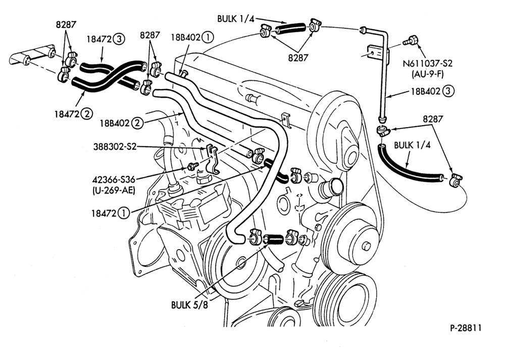 HEATER HOSES & TUBES-4 cyl. - 2.3L - w/A/C - w/o Turbo-P,MP
