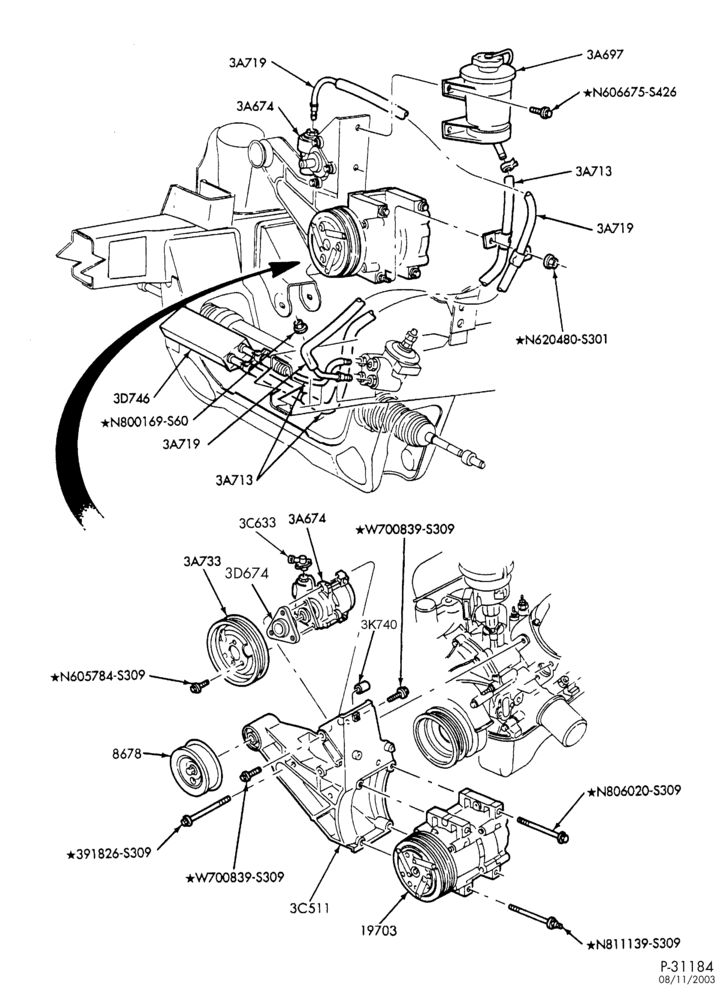 36.3 - STEERING-Power steering system - Pump installation - 8 cyl. 5.0L-B