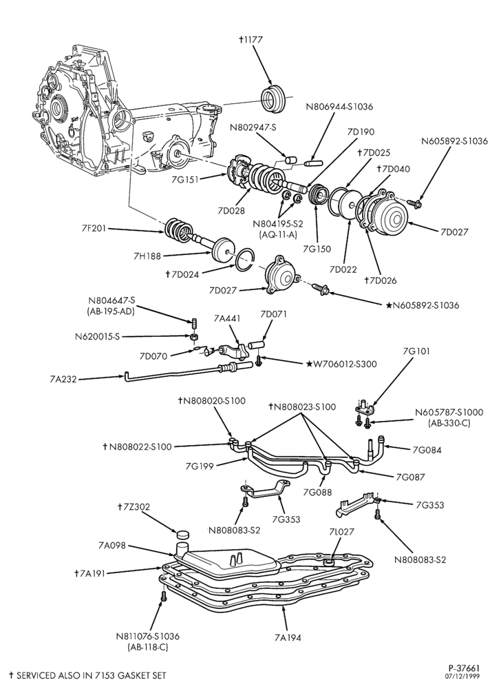 AUTOMATIC TRANSMISSION-INTERNAL PARTS - Fluid transfer, pan, park pawl, servos & related parts - 6 cyl. 3.8L-TW