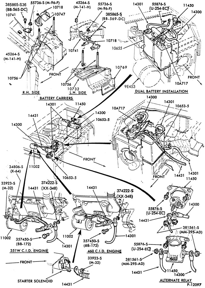 BATTERY CARRIERS AND WIRING-Battery carrier and related parts-6 and 8 cyl. - dual bat. F-8 cyl. eng. E100/350