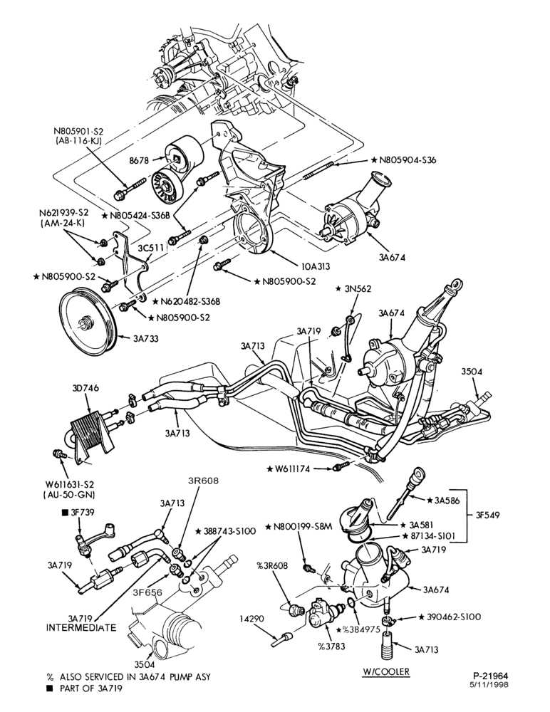 36.2 - STEERING-Power steering system - Pump installation - 6 cyl. 3.8L - w/oil cooler