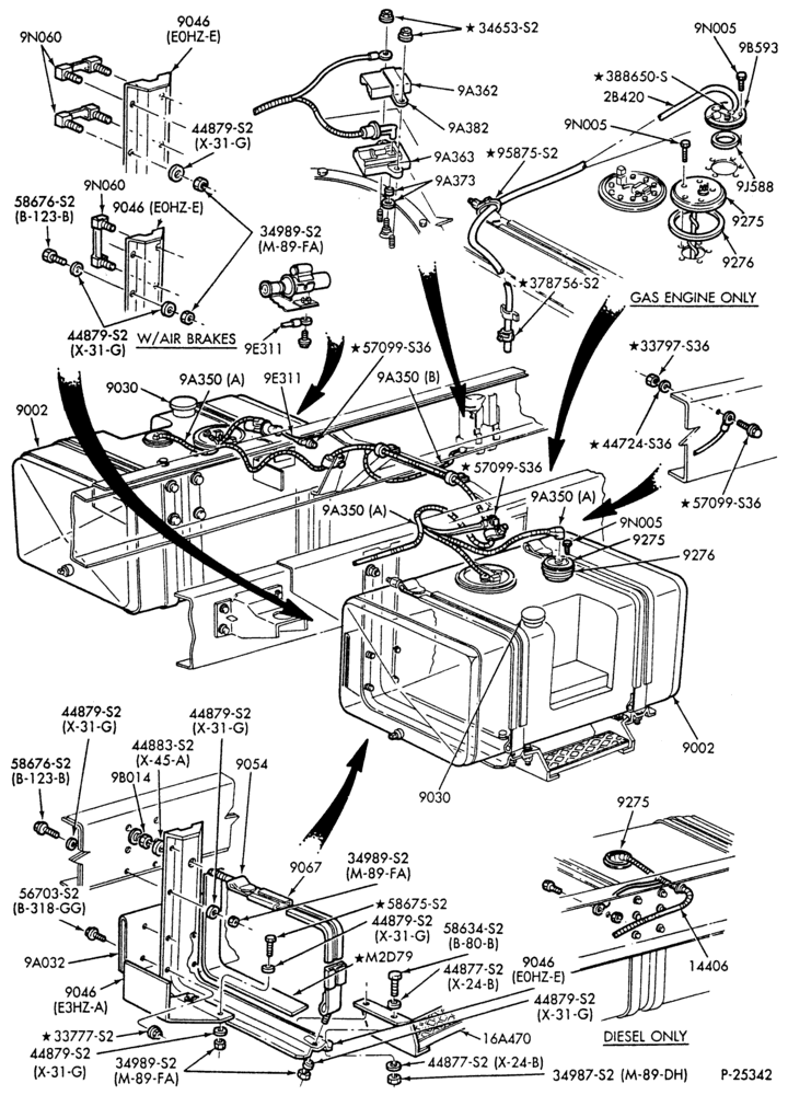 90 - 6 CYL. FD-1060 & FD-1460 DIESEL-Fuel system and related parts - w/35 & 50 gallon rectangular center step tanks - exc. low profile tanks