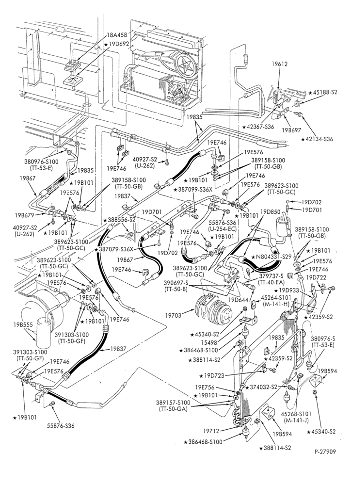 AC HOSES & TUBES-6 cyl. - 4.9L - w/aux. A/C-E