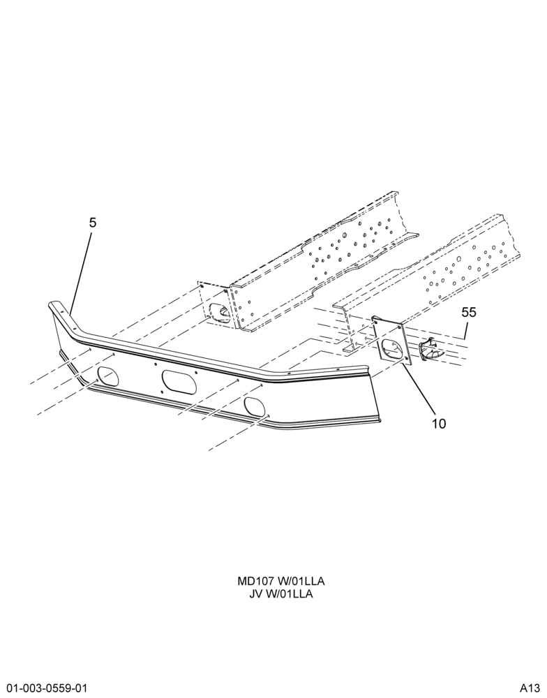 FRT BUMPER INSTL; GAS MODELS W/SWEPT BACK W/FRAME EXTENSIONS