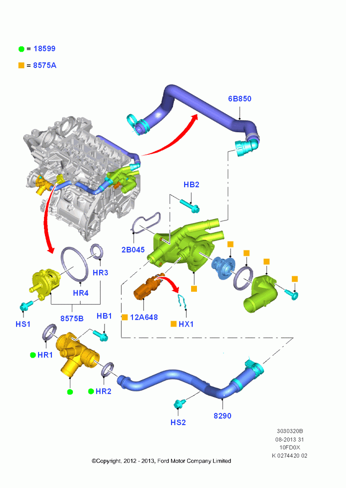 20B - Thermostat/Housing & Related Parts, 1.0L EcoBoost 120PS/125PS/140PS; 29/APR/2013-01/AUG/2019