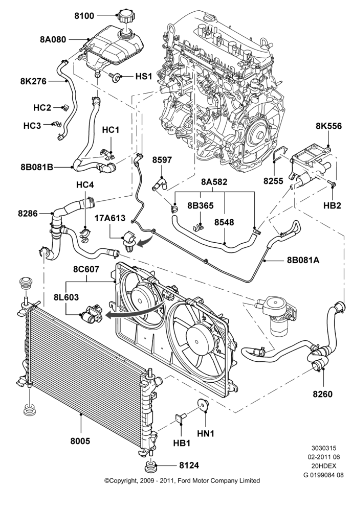15 - Radiator/Coolant Overflow Container, 2.0L Duratec HE (137PS); 01/APR/2009