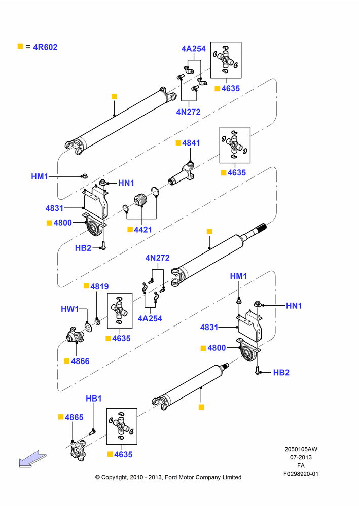 05AW - Drive Shaft - Rear Axle Drive, 189"/4795MM Wheelbase, Ford 550 Series, Ford 450 Series, LHD 4WD (Part Time Drive), Three Piece Driveshaft; 22/FEB/2010-09/JAN/2012