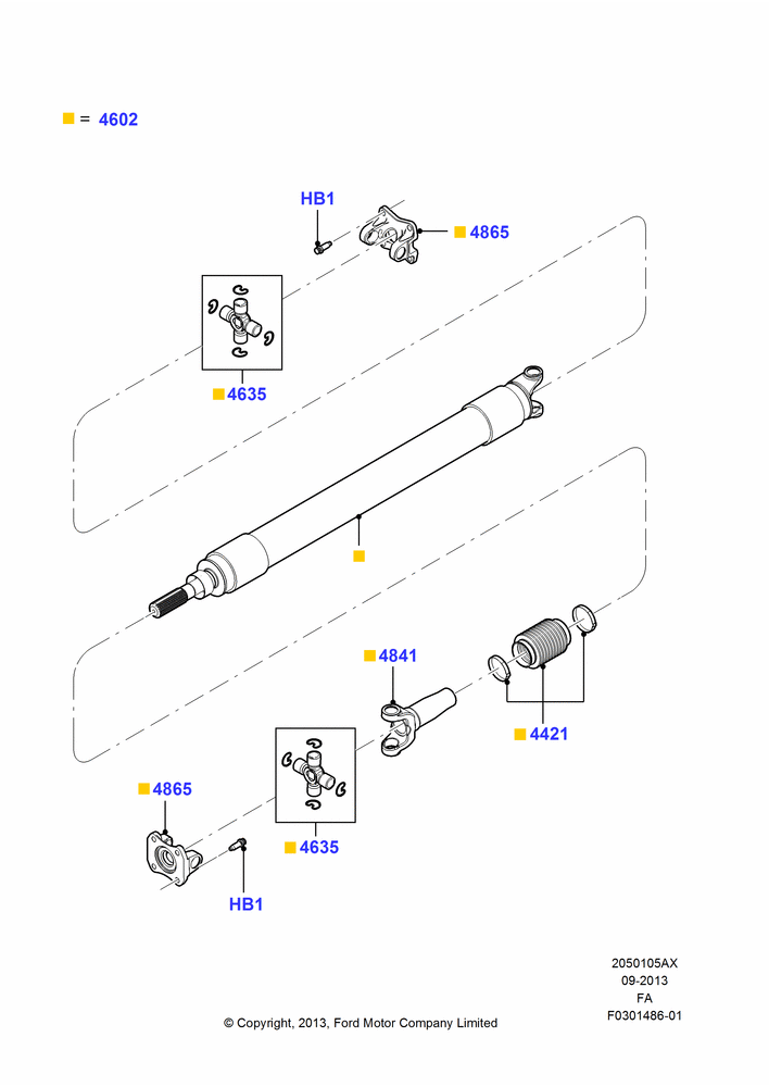 05AX - Drive Shaft - Rear Axle Drive, 137"/3480MM Wheelbase, 142"/3607MM Wheelbase, Ford 250 Series, Less Special Equipment Package, LHD 4WD (Part Time Drive), With Camper Pack, 1 Piece Driveshaft; 15/JUL/2013-05/JUL/2016