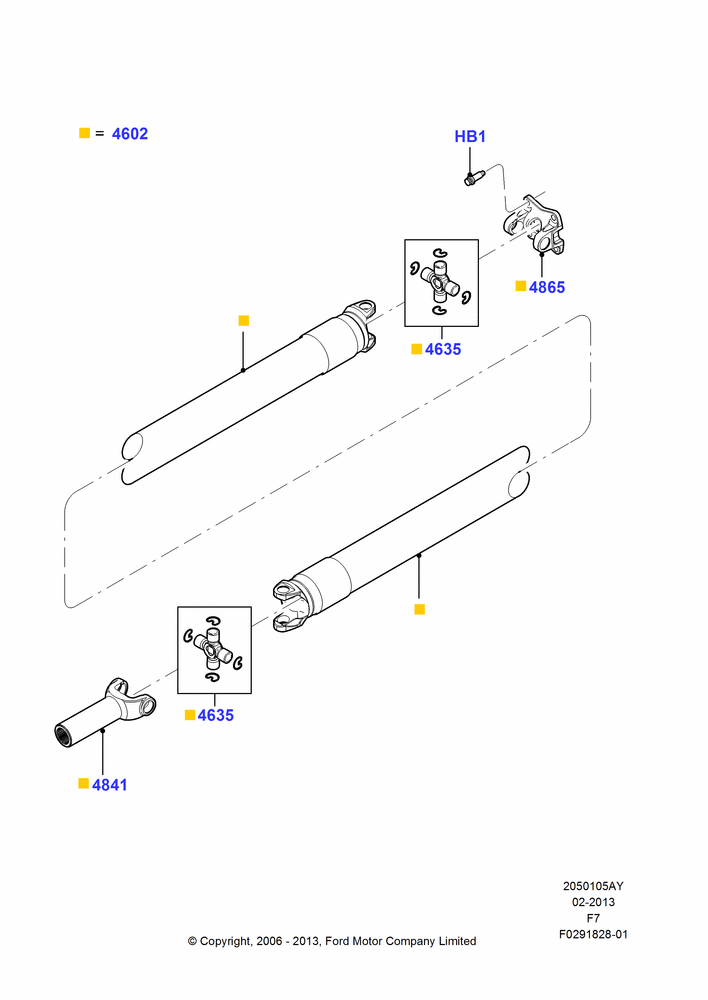 05AY - Drive Shaft - Rear Axle Drive, 142"/3607MM Wheelbase, 4WD, 6.4L Diesel V8 Twin Turbo, Ford 250 Series, With Single Rear Wheels, 1 Piece Driveshaft; 18/DEC/2006-10/APR/2007