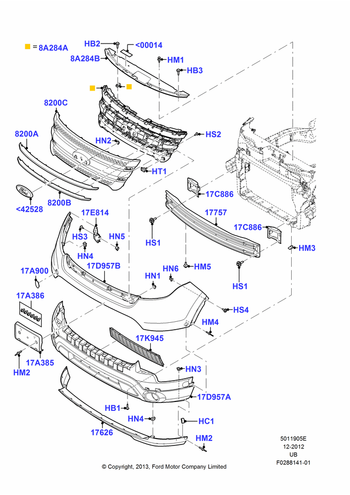 05E - Radiator Grille and Front Bumper, Base, Limited, XLT; 04/SEP/2012-04/MAY/2015