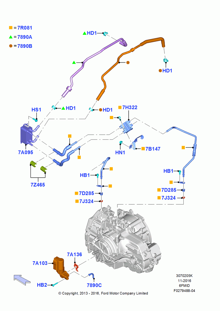 05K - Transmission Cooling Systems, (-)"GCC"Gulf Cooperative Countries, 6 Speed Auto Trans 6F Mid-Range, 2.0L EcoBoost (240PS); 14/JUL/2014-04/APR/2016