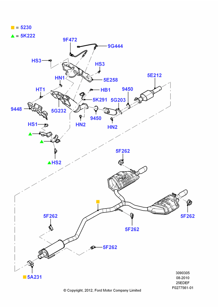 05C - Exhaust System, 2.5L 4v PFI I4 Gas/Electric, Lincoln Division Derivative; 30/AUG/2010-29/JUL/2012