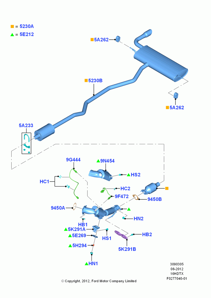 05B - Exhaust System, 1.6L PI TC I4 ETHNL, 6 Speed Auto Trans 6F Mid-Range, With California/Green State Req; 13/AUG/2012-15/JUL/2013