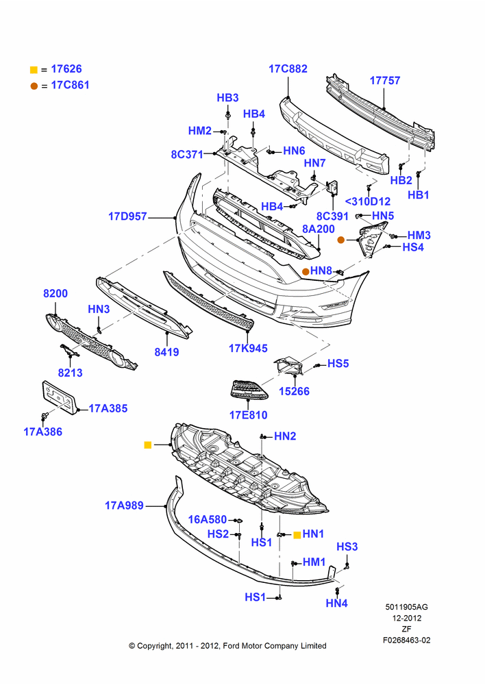 05AG - Radiator Grille and Front Bumper, GT, Less Appearance Group, Less Special Equipment Package; 27/FEB/2012-27/JUN/2014