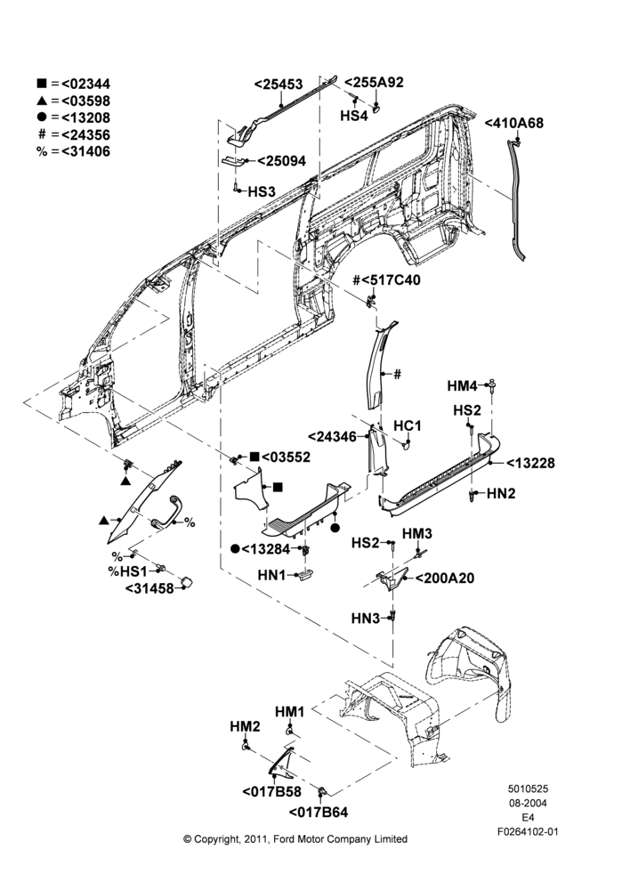 25U - Side Trim, Base, Extended Van, Regular Van, RH Sliding Side Cargo Door, RV Prep Version, RH Side Only; 02/AUG/2004
