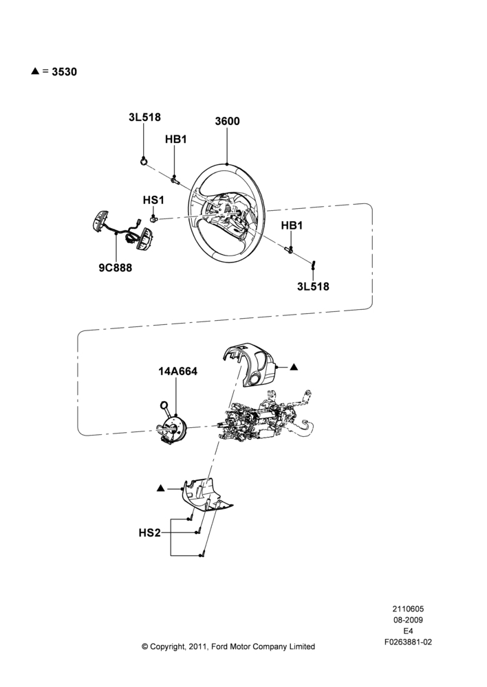 05E - Steering Wheel, Front air bag - Drvr & Pass, Front air bag - Driver only; 24/AUG/2009