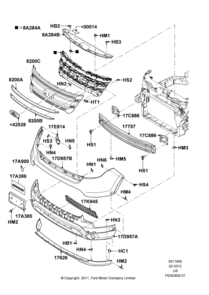 05B - Radiator Grille and Front Bumper, Base, Limited, Sport, XLT; 09/JAN/2012-04/SEP/2012