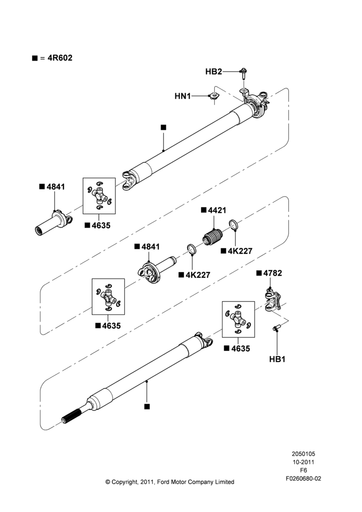 05AF - Drive Shaft - Rear Axle Drive, 157"/3989MM Wheelbase, 6.2L 16V OHC NA V8 Gas, LHD 4WD (Part Time Drive), 2 Piece Driveshaft; 24/OCT/2011-23/DEC/2014